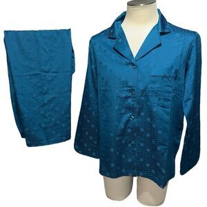 Miss Elaine Teal Long Sleeve Button Up Top & Pants Pajamas Set Women Size S NWT